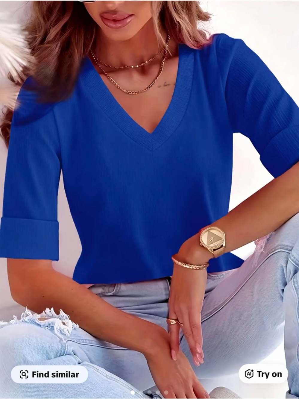 Sleeve-Cuff V-Neck Top in Royal Blue